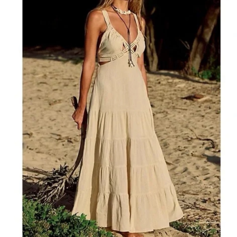 NWT Free People Auralie Maxi Dress Boho Long Cutouts Strappy Cream xs xsmall